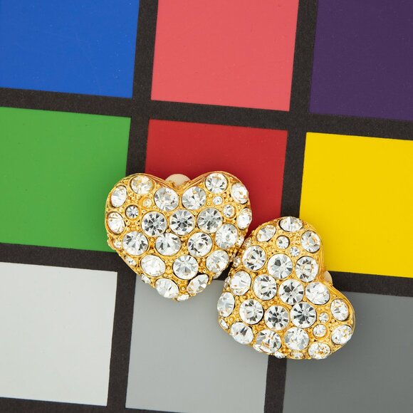 Clip On Crystal Rhinestone Heart Earrings Gold Tone Glamorous Sparkle Statement - Picture 7 of 7